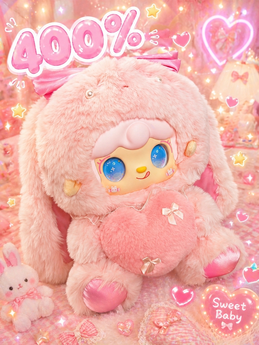 400% Yooki Pink Plush Bunny Holding Heart Plush